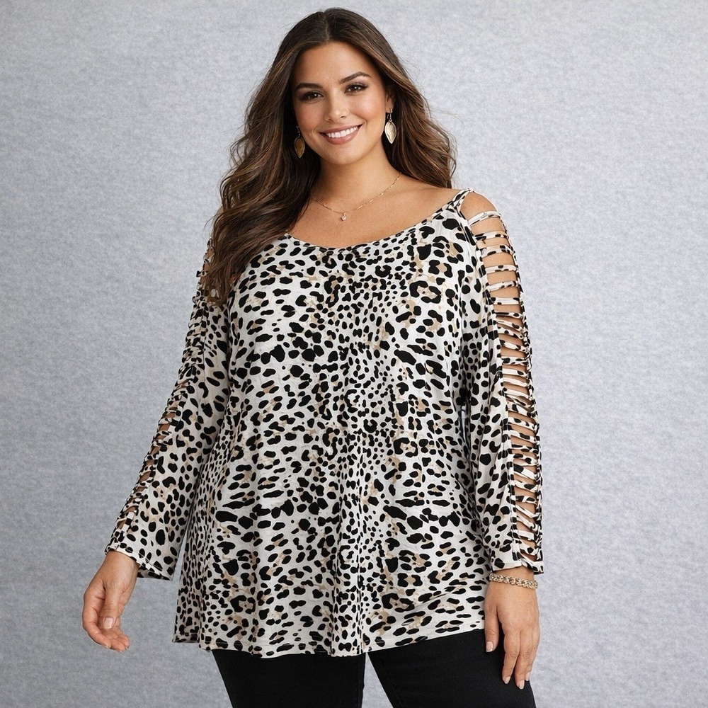 Cato Top Women's Plus 18/20W Animal Print Cutout Long Sleeve Leopard Soft Blouse